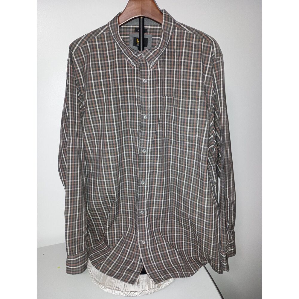 Lee: Brown Plaid Long-Sleeve Button Down Regular Fit Stretch Shirt, Men's XXL